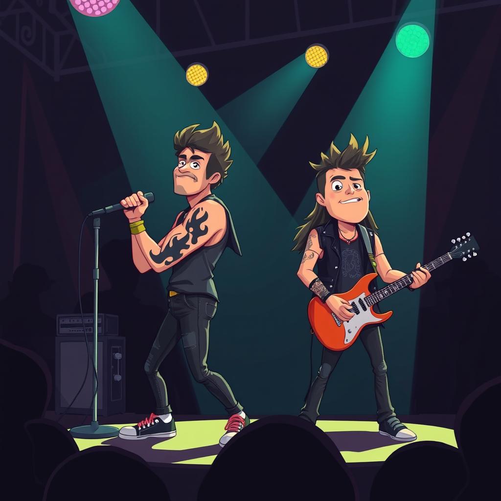 A cartoon-style illustration of a rock singer and guitarist performing on stage, featuring the singer with a prominent black fire tattoo on their arm