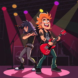 A cartoon-style illustration of a rock singer and guitarist performing on stage, featuring the singer with a prominent black fire tattoo on their arm