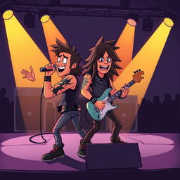 A cartoon-style illustration of a rock singer and guitarist performing on stage, featuring the singer with a prominent black fire tattoo on their arm