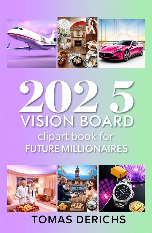 A visually stunning book cover design for Amazon Kindle titled "2025 VISION BOARD CLIPART BOOK FOR FUTURE MILLIONAIRES" by author "TOMAS DERICHS"