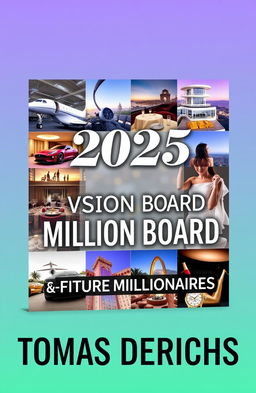 A visually stunning book cover design for Amazon Kindle titled "2025 VISION BOARD CLIPART BOOK FOR FUTURE MILLIONAIRES" by author "TOMAS DERICHS"