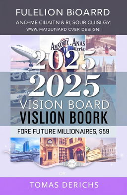 A visually stunning book cover design for Amazon Kindle titled "2025 VISION BOARD CLIPART BOOK FOR FUTURE MILLIONAIRES" by author "TOMAS DERICHS"