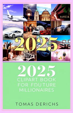 A visually stunning book cover design for Amazon Kindle titled "2025 VISION BOARD CLIPART BOOK FOR FUTURE MILLIONAIRES" by author "TOMAS DERICHS"