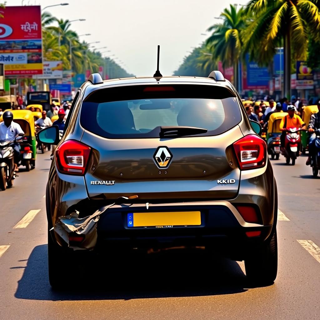 A Renault Kwid in magma grey color involved in a minor accident on a bustling Indian road