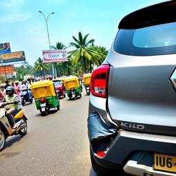 A Renault Kwid in magma grey color involved in a minor accident on a bustling Indian road
