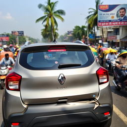 A Renault Kwid in magma grey color involved in a minor accident on a bustling Indian road