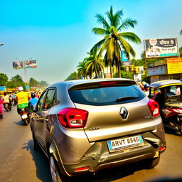A Renault Kwid in magma grey color involved in a minor accident on a bustling Indian road