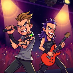 A vibrant cartoon scene of a dynamic singer and guitarist rocking out on stage, both exuding energy and passion