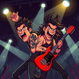 A vibrant cartoon scene of a dynamic singer and guitarist rocking out on stage, both exuding energy and passion