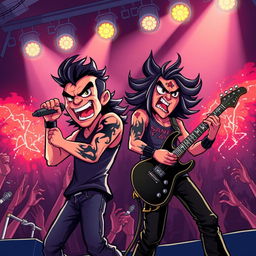 A vibrant cartoon scene of a dynamic singer and guitarist rocking out on stage, both exuding energy and passion
