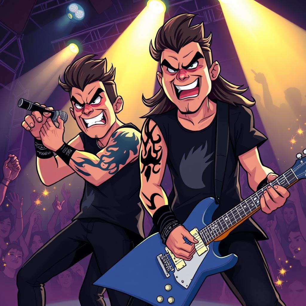 A vibrant cartoon scene of a dynamic singer and guitarist rocking out on stage, both exuding energy and passion