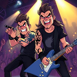 A vibrant cartoon scene of a dynamic singer and guitarist rocking out on stage, both exuding energy and passion