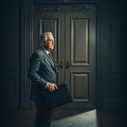 A dramatic scene depicting a middle-aged man standing in front of a closed door, his face filled with disappointment and despair