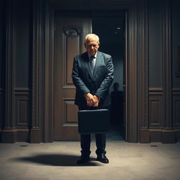 A dramatic scene depicting a middle-aged man standing in front of a closed door, his face filled with disappointment and despair