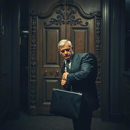 A dramatic scene depicting a middle-aged man standing in front of a closed door, his face filled with disappointment and despair