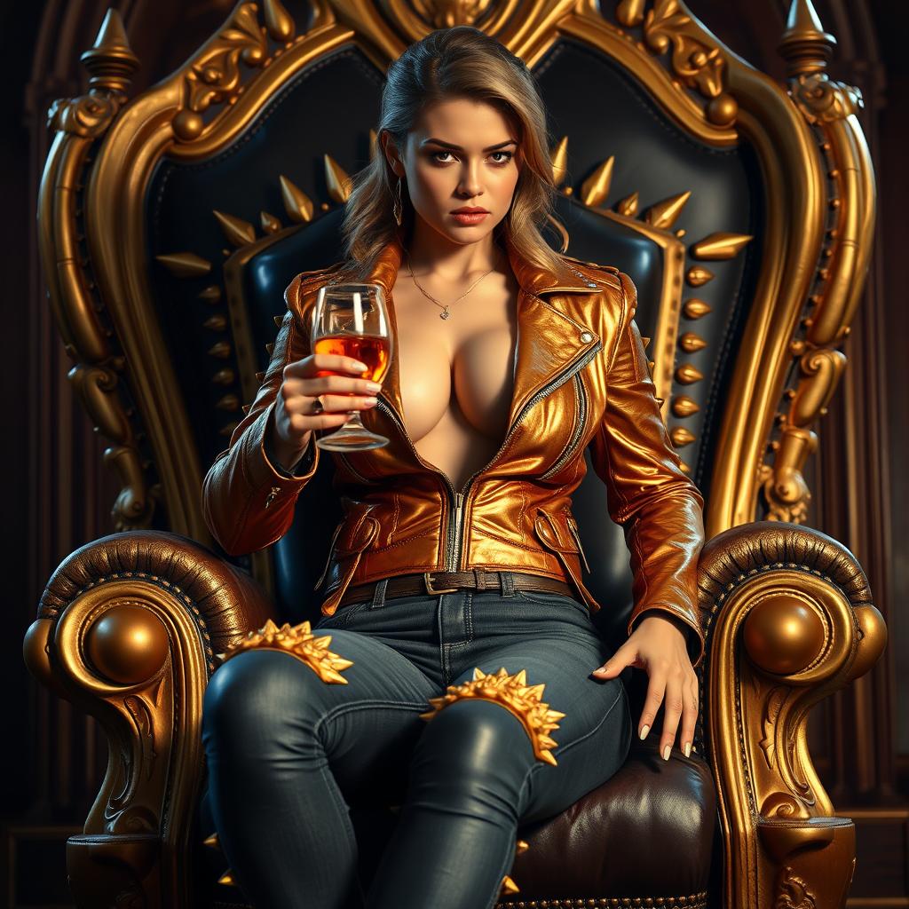 A beautiful woman with an emphasized curvaceous figure, particularly her voluptuous hips, is sitting on a grand throne that symbolizes royalty