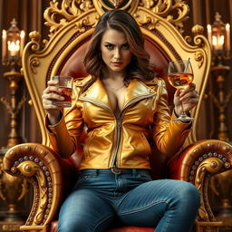 A beautiful woman with an emphasized curvaceous figure, particularly her voluptuous hips, is sitting on a grand throne that symbolizes royalty