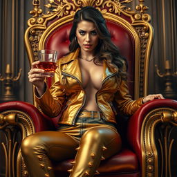 A beautiful woman with an emphasized curvaceous figure, particularly her voluptuous hips, is sitting on a grand throne that symbolizes royalty