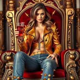 A beautiful woman with an emphasized curvaceous figure, particularly her voluptuous hips, is sitting on a grand throne that symbolizes royalty