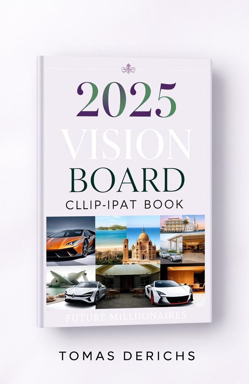 An elegant and stylish book cover design for an Amazon Kindle publication titled '2025 VISION BOARD CLIPART BOOK FOR FUTURE MILLIONAIRES' by author 'TOMAS DERICHS'