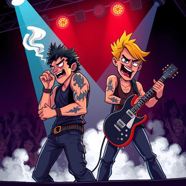 A vibrant cartoon scene depicting a dynamic singer and guitarist performing on stage, both emanating a raw, edgy energy