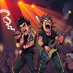 A vibrant cartoon scene depicting a dynamic singer and guitarist performing on stage, both emanating a raw, edgy energy