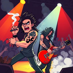 A vibrant cartoon scene depicting a dynamic singer and guitarist performing on stage, both emanating a raw, edgy energy