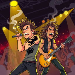 A vibrant cartoon scene depicting a dynamic singer and guitarist performing on stage, both emanating a raw, edgy energy