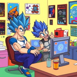 A humorous and vibrant scene featuring Gogeta and Vegito, from the Dragon Ball universe, sitting together at a computer creating a Geometry Dash level
