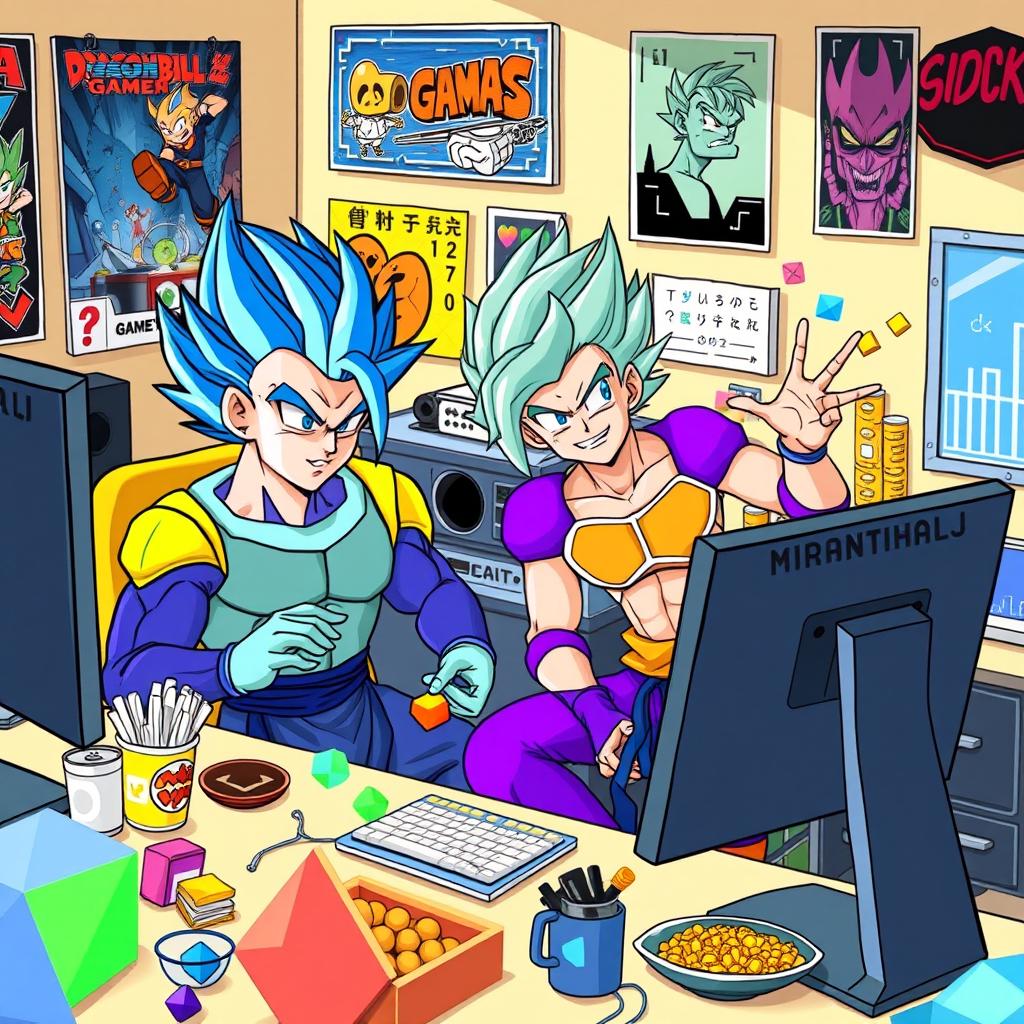A humorous and vibrant scene featuring Gogeta and Vegito, from the Dragon Ball universe, sitting together at a computer creating a Geometry Dash level