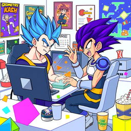 A humorous and vibrant scene featuring Gogeta and Vegito, from the Dragon Ball universe, sitting together at a computer creating a Geometry Dash level