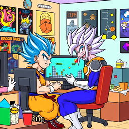 A humorous and vibrant scene featuring Gogeta and Vegito, from the Dragon Ball universe, sitting together at a computer creating a Geometry Dash level