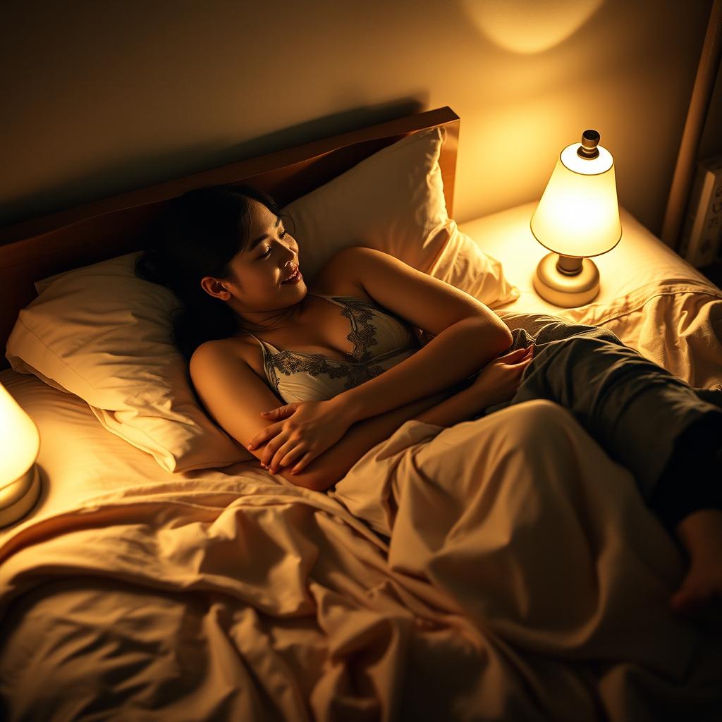 An intimate nighttime scene in a softly lit bedroom, where a poor young Chinese man in ragged clothes lies on the bed, embracing his beautiful wife