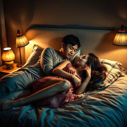 An intimate nighttime scene in a softly lit bedroom, where a poor young Chinese man in ragged clothes lies on the bed, embracing his beautiful wife