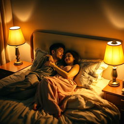 An intimate nighttime scene in a softly lit bedroom, where a poor young Chinese man in ragged clothes lies on the bed, embracing his beautiful wife