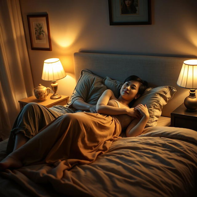 An intimate nighttime scene in a softly lit bedroom, where a poor young Chinese man in ragged clothes lies on the bed, embracing his beautiful wife