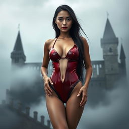 A sexy, thin full body view of a 21-year-old Thai girl with big cleavage, wearing a tight shiny red latex Vampirella g-string thong leotard