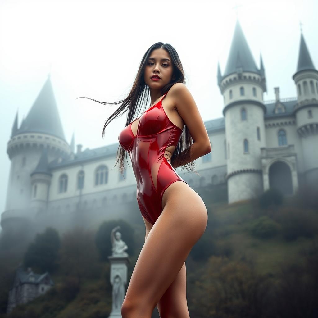 A sexy, thin full body view of a 21-year-old Thai girl with big cleavage, wearing a tight shiny red latex Vampirella g-string thong leotard