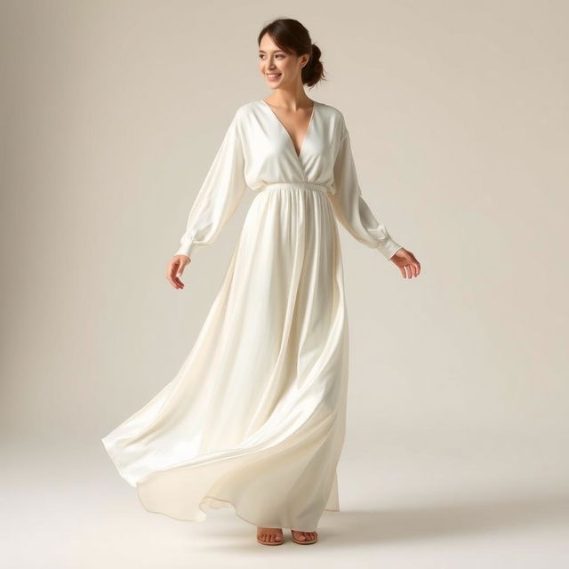 A beautiful, modern, long, loose, and comfortable dress with long sleeves made of white silk