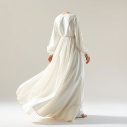 A beautiful, modern, long, loose, and comfortable dress with long sleeves made of white silk