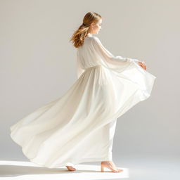 A beautiful, modern, long, loose, and comfortable dress with long sleeves made of white silk