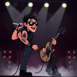 A cartoon image of a dynamic rock singer and guitarist on stage
