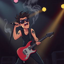 A cartoon image of a dynamic rock singer and guitarist on stage