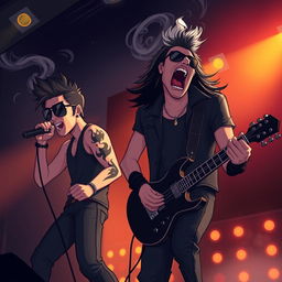 A cartoon image of a dynamic rock singer and guitarist on stage