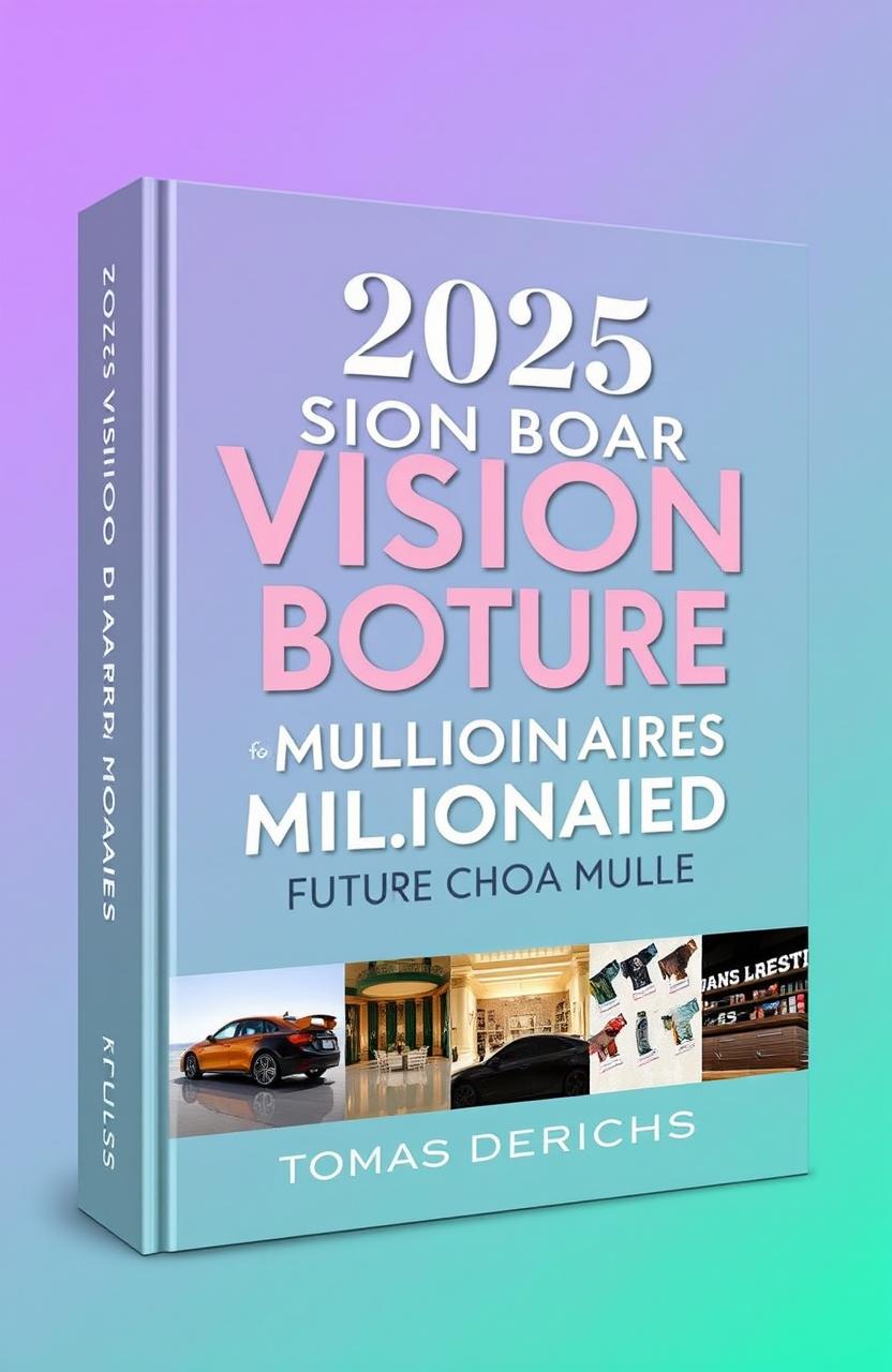 A book cover design for Amazon Kindle titled '2025 VISION BOARD CLIPART BOOK FOR FUTURE MILLIONAIRES' by author 'TOMAS DERICHS'