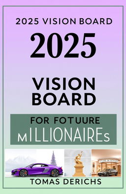 A book cover design for Amazon Kindle titled '2025 VISION BOARD CLIPART BOOK FOR FUTURE MILLIONAIRES' by author 'TOMAS DERICHS'