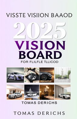 A book cover design for Amazon Kindle titled '2025 VISION BOARD CLIPART BOOK FOR FUTURE MILLIONAIRES' by author 'TOMAS DERICHS'