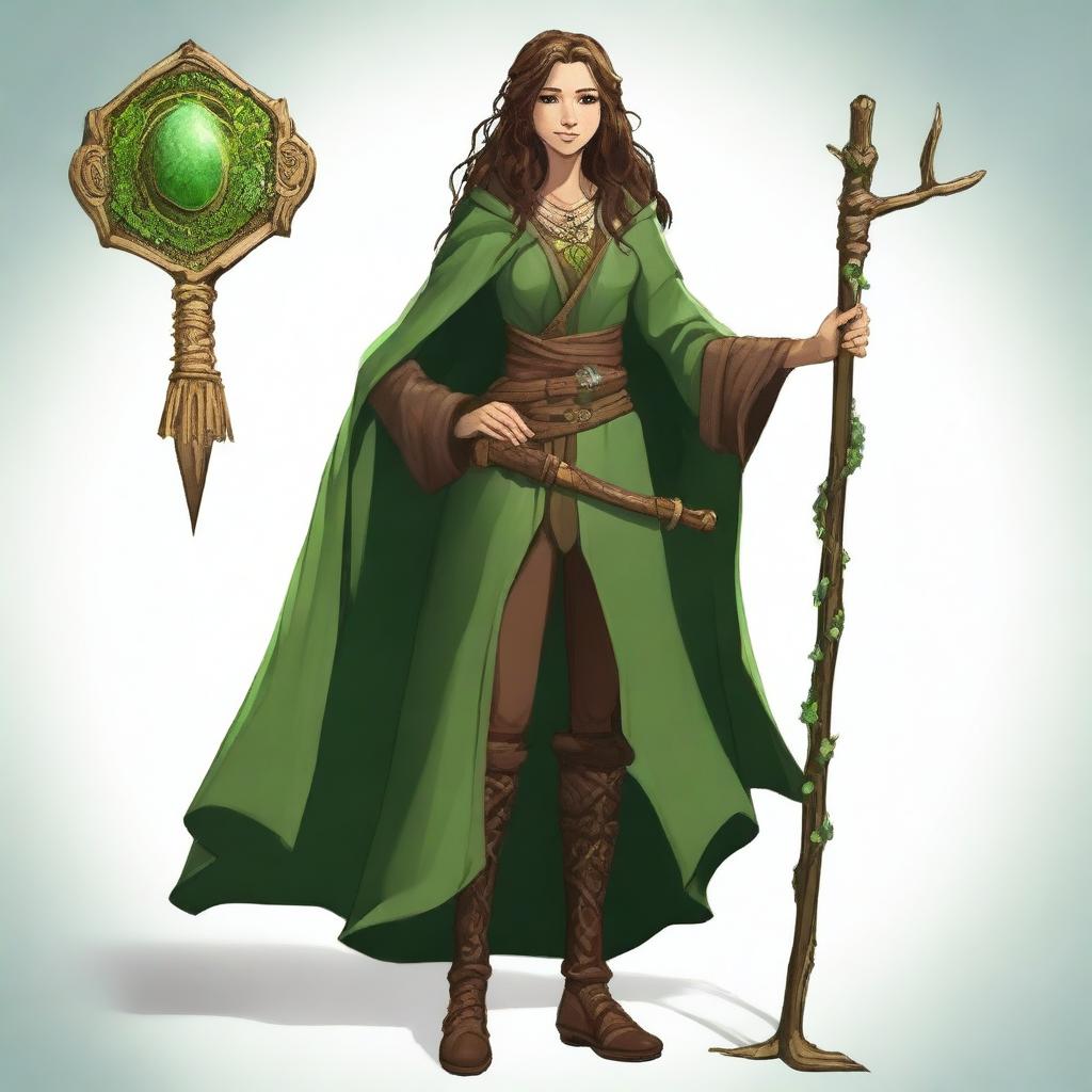 A high-definition full-body digital art image features a smiling teenage female druid with long, slightly curly dark brown hair and brown eyes