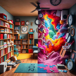 A visually striking and imaginative escape room scene that creatively depicts themes of OCD (Obsessive-Compulsive Disorder) and bipolar disorder, without any words