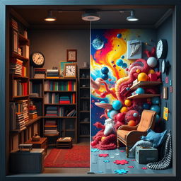 A visually striking and imaginative escape room scene that creatively depicts themes of OCD (Obsessive-Compulsive Disorder) and bipolar disorder, without any words